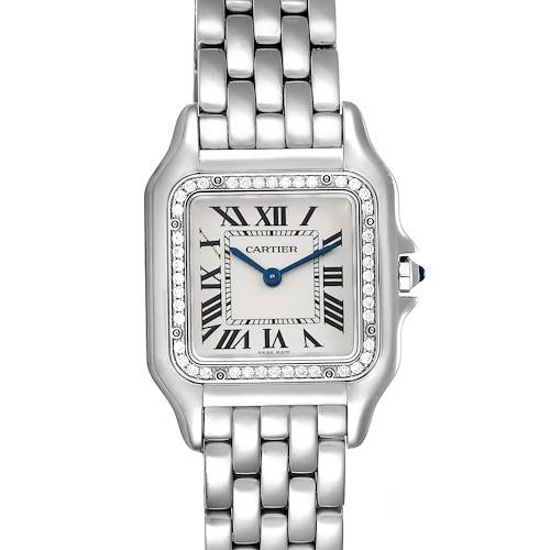 The Cartier Panthere model watch is shown from the front, displaying its square face, Roman numeral dial, and metal bracelet.
