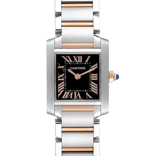 This image shows a frontal view of the Cartier Tank Francaise watch, highlighting its two-tone metal bracelet and rectangular black dial.