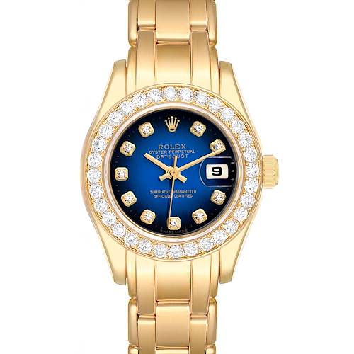 This image shows a frontal view of a Rolex Pearlmaster watch, highlighting its gold body, diamond bezel, and blue dial.