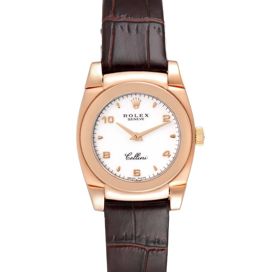 This image shows a front view of a Rolex Cellini watch with a brown leather strap and a rose gold bezel.
