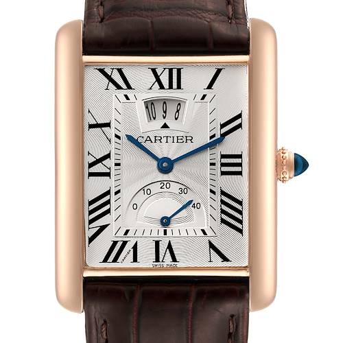 The image shows a front view of the Cartier Tank Louis watch, highlighting its face, hands, and strap.