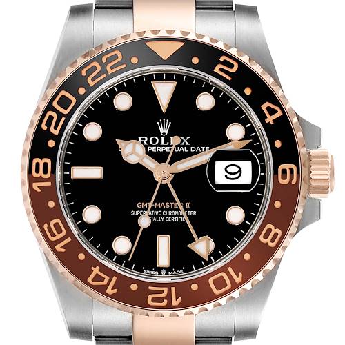 The image shows a frontal view of the Rolex GMT-Master II watch, highlighting the dial, bezel, hour markers, and crown.