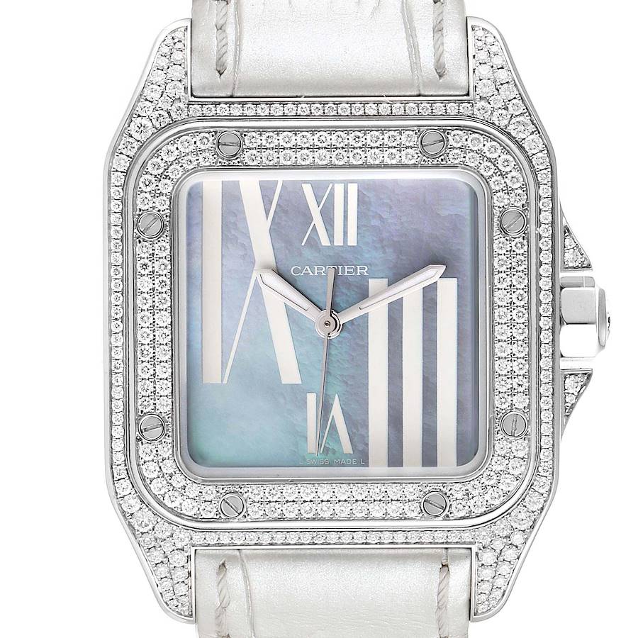 The image shows a close-up of the dial, bezel, and part of the strap of a Cartier Santos watch.