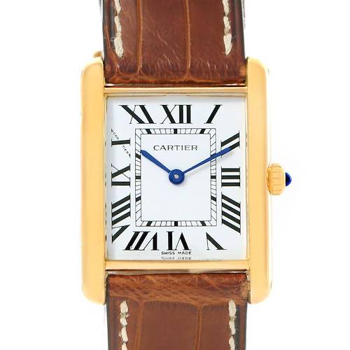 The image shows a Cartier Tank Classic watch from a frontal angle, highlighting its square dial, Roman numerals, and leather strap.