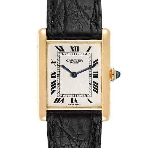 This image shows a front view of a Cartier Tank Classic watch, featuring its rectangular face, Roman numerals, and leather strap.