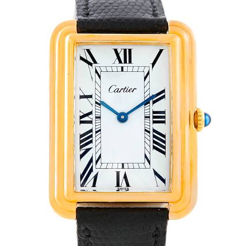 The image shows a frontal view of the Cartier Tank Classic watch, displaying its face, bezel, crown, and part of the strap.