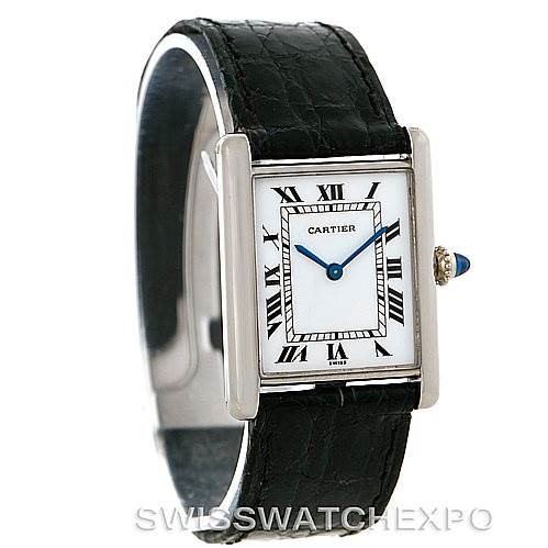 This image shows a Cartier Tank Classic watch from a front angle, displaying the dial, case, and part of the leather strap.