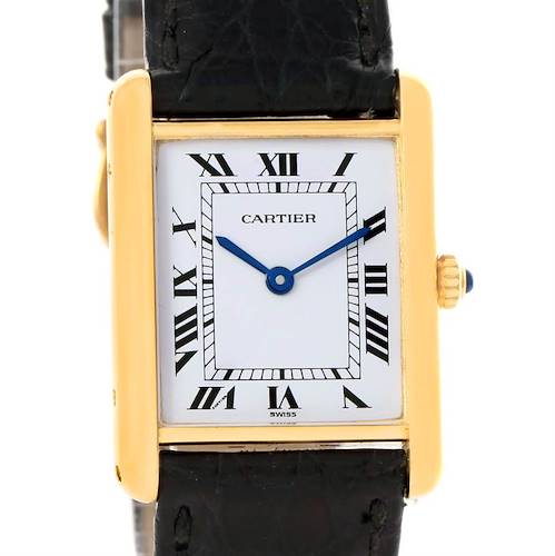 This image shows a frontal view of the Cartier Tank Classic watch, highlighting its rectangular face, Roman numerals, and gold casing.