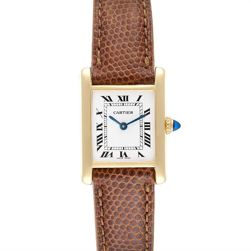The image shows a front view of the Cartier Tank Classic watch, featuring its face, bezel, crown, and leather strap.