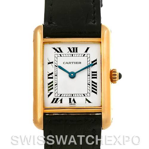 The image shows a front view of the Cartier Tank Classic watch, highlighting its rectangular dial, Roman numerals, and leather strap.