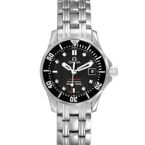 This image shows a front view of the Omega Seamaster Black Dial Diamond Ladies Watch 212.30.28.61.51.001, highlighting its dial and metal bracelet.