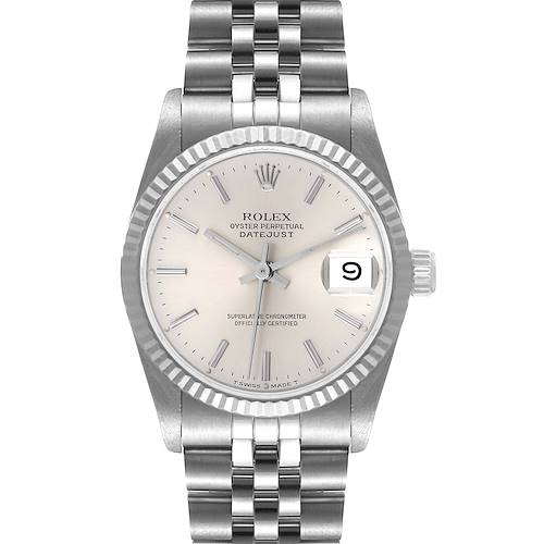 The image shows a front view of the Rolex Mid-Size Datejust watch, highlighting its face, bezel, bracelet, and crown.