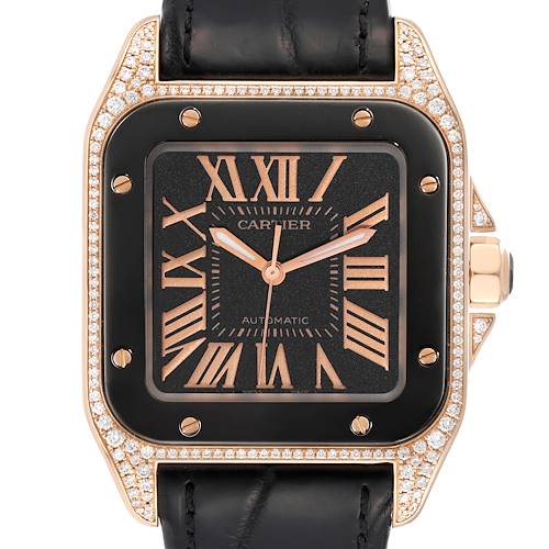 This image shows a close-up, front angle of the Cartier Santos watch, featuring its face, bezel, and part of the strap.
