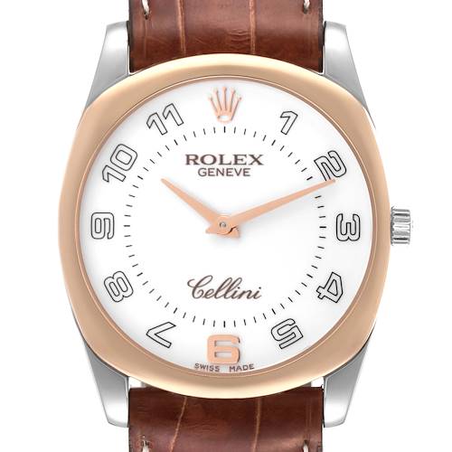 The image shows a front view of the Rolex Cellini watch, featuring its dial, hour markers, hands, and leather strap.