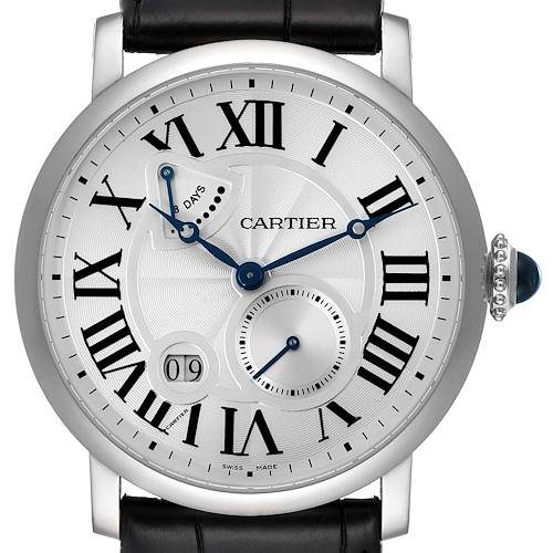 The Cartier Rotonde watch is shown from the front, displaying its dial, hands, sub-dial, crown, and leather strap.