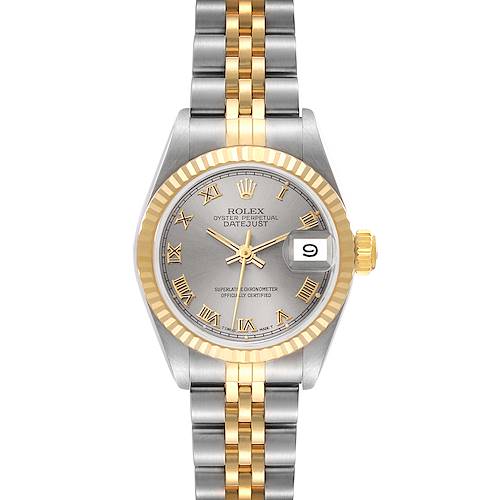 This is a frontal view of the Rolex Datejust watch, showing its face, bracelet, bezel, and date window.