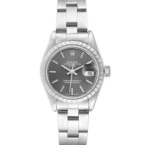 The image shows a front view of a Rolex Date model watch displaying its dial, bezel, and bracelet.