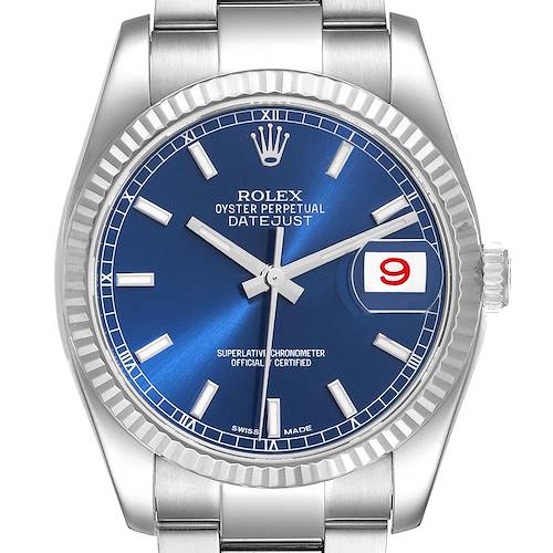 This is a head-on view of a Rolex Datejust watch, showing its blue dial, fluted bezel, and date window.
