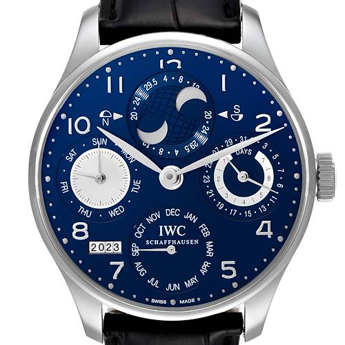 This image shows a front view of an IWC Portuguese model watch, highlighting its blue dial and various complications.