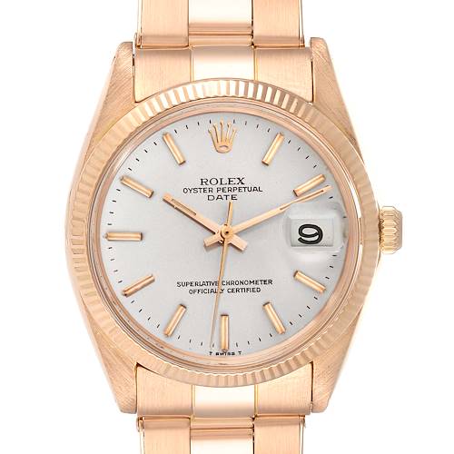 The image shows a frontal view of a Rolex Vintage Collection Oyster Perpetual Date watch, displaying the dial, hands, date window, and part of the bracelet.