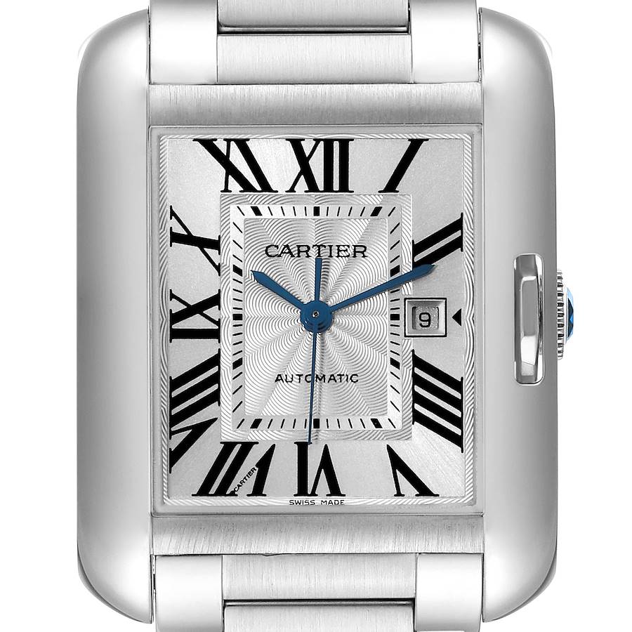 This is a close-up, front-facing view of the Cartier Tank Anglaise watch, showing the dial, hands, date, and part of the bracelet.