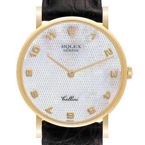 A frontal view of a Rolex Cellini watch, showcasing its dial, hands, crown, and part of the strap.