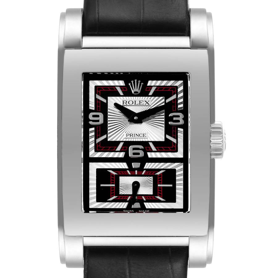 This image shows a close-up, front view of a Rolex Cellini Prince watch with a black leather strap.