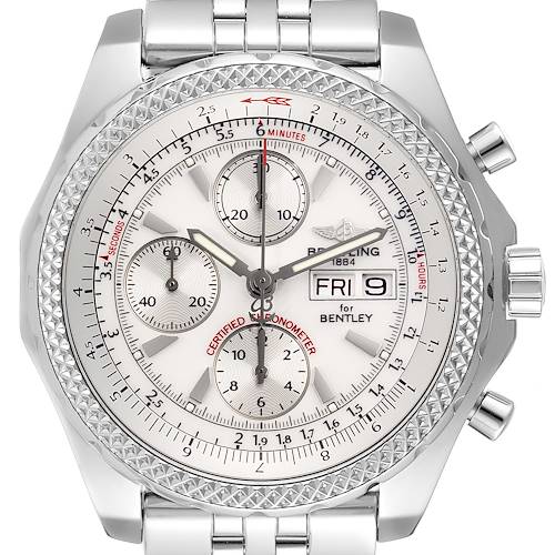 The image shows a front view of the Breitling Bentley watch, displaying its face, bezel, chronograph subdials, and part of the bracelet.