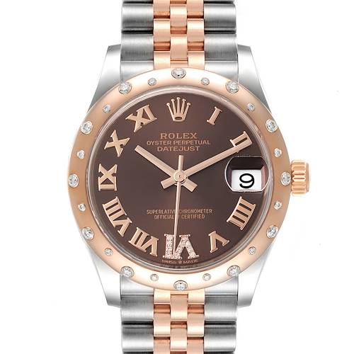 The image displays a front view of the Rolex Mid-Size Datejust watch, showing its dial, bezel, and bracelet.