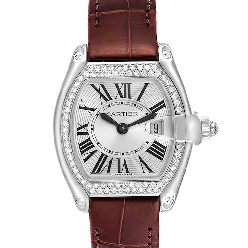 This image shows a front view of the Cartier Roadster watch, highlighting its dial, bezel, and leather strap.