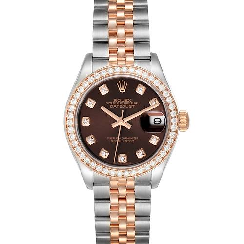 This image shows a frontal view of a Rolex Datejust watch, highlighting its dial, bezel, and two-tone bracelet.