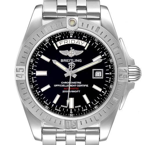 The image shows a front view of the Breitling Galactic watch, displaying the dial, bezel, crown, and part of the bracelet.