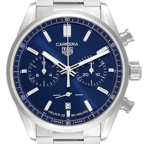 This image shows a frontal view of the Tag Heuer Carrera Chronograph Blue Dial Steel Mens Watch CBN2011, highlighting its face and dial.