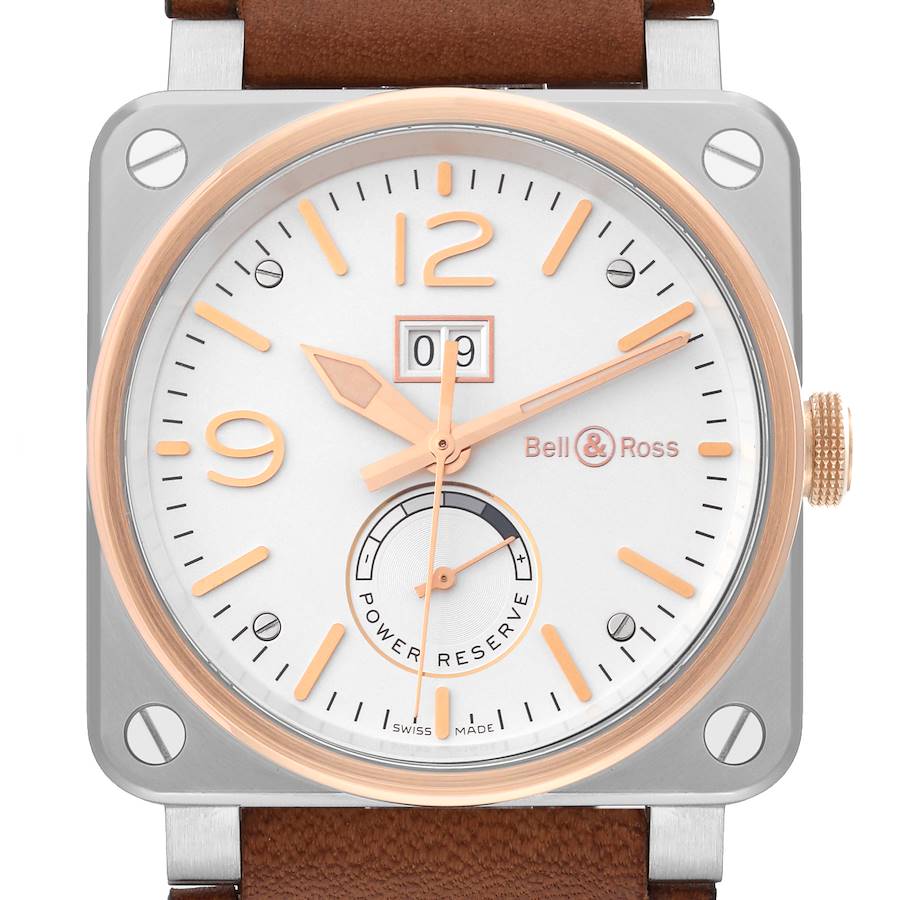 The Bell & Ross Instruments model watch is shown from the front, displaying its dial, hands, numerals, and power reserve indicator.