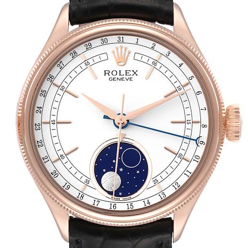 The image shows a front view of a Rolex Cellini watch with a white dial, gold hands, and a moonphase indicator at 6 o'clock.