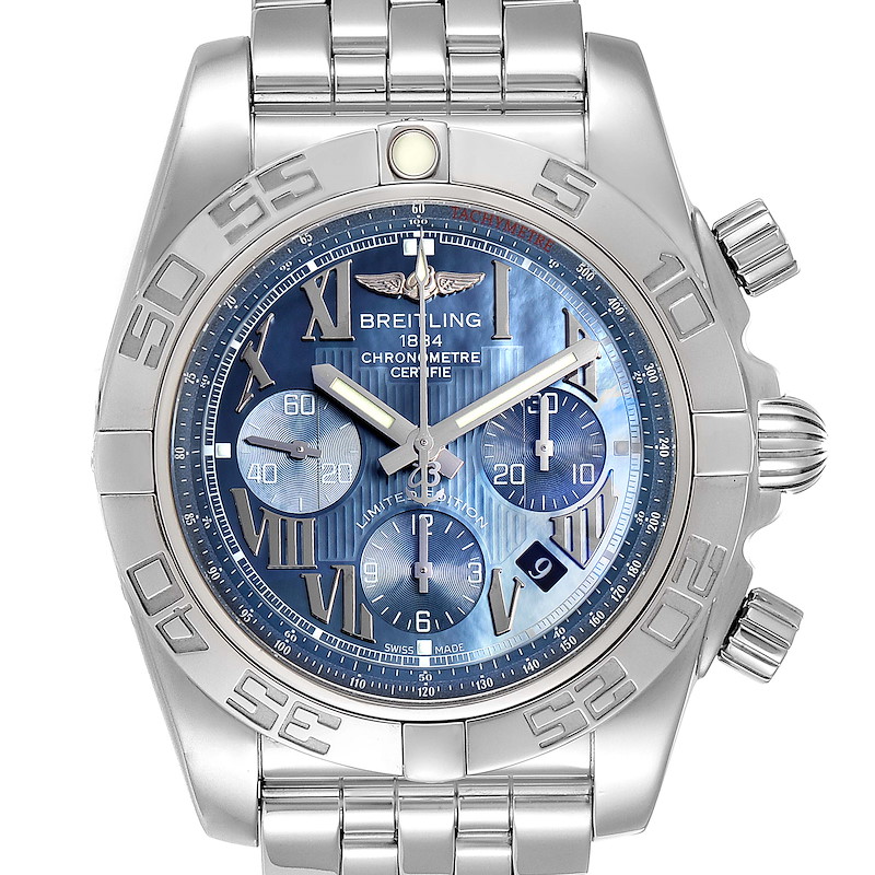 This image shows a front view of a Breitling Chronomat watch, highlighting the dial, bezel, and bracelet.