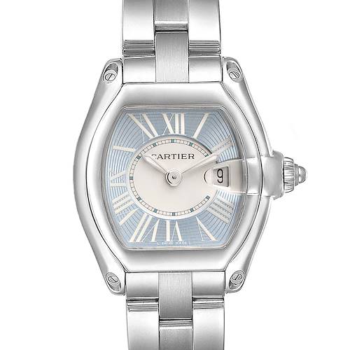 The image showcases the full face and part of the bracelet of the Cartier Roadster watch, including the dial, hands, and crown.