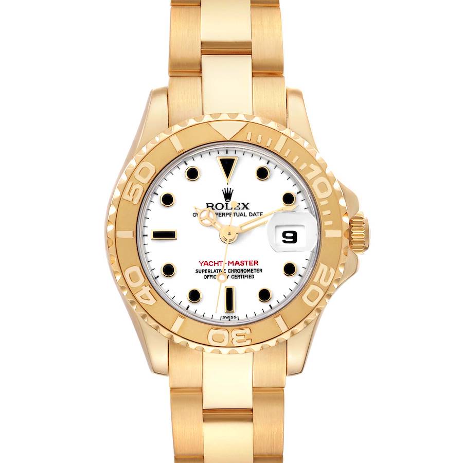 The image shows a top view of a Rolex Yacht-Master watch, featuring its dial, bezel, crown, and bracelet.
