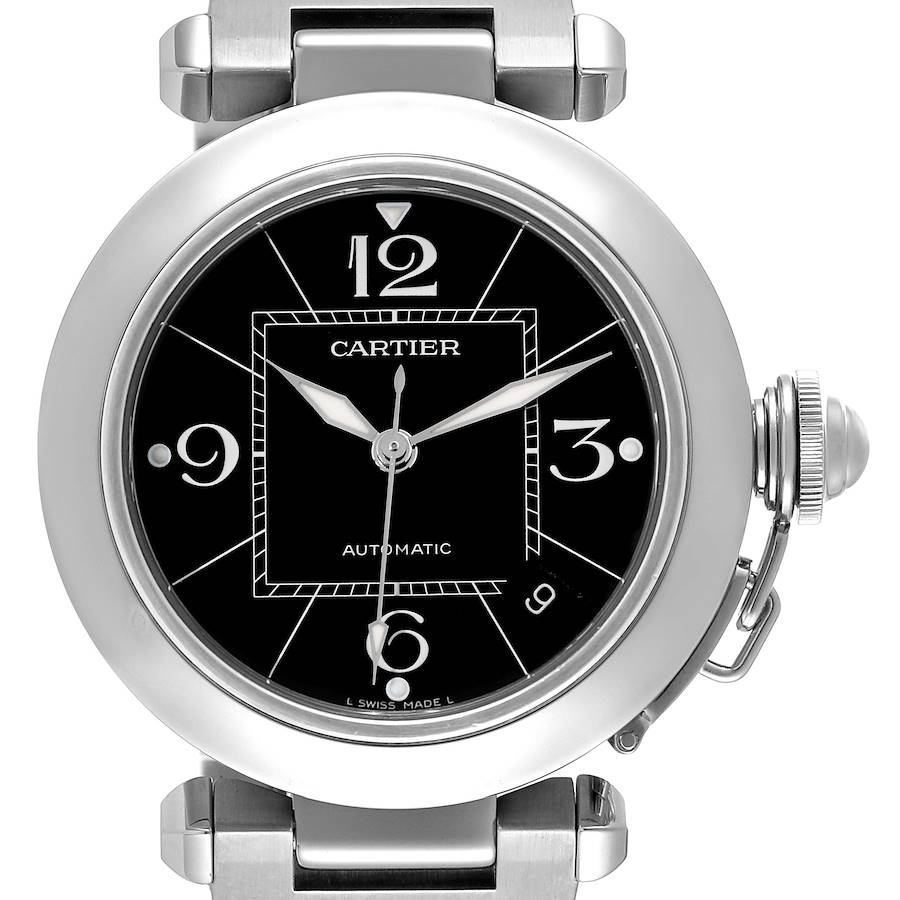 The Cartier Pasha watch is shown from the front, highlighting its black dial, numerals, and stainless steel case.