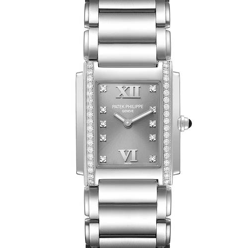 The image shows a front view of the Patek Philippe Twenty-4 watch, highlighting its rectangular face, metal bracelet, and diamond accents.
