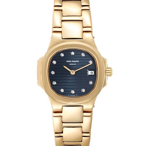 This is a front view of a Patek Philippe Nautilus watch, showcasing its gold bracelet, blue dial, and diamond hour markers.
