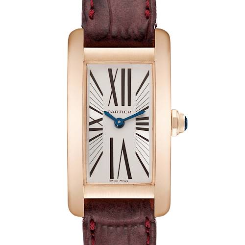 This is a front-facing view of a Cartier Tank Americaine watch showing the dial, case, and partially the strap.