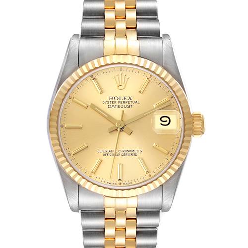 The Rolex Mid-Size Datejust watch is shown from a front angle, displaying its face, dial, bezel, and bracelet.