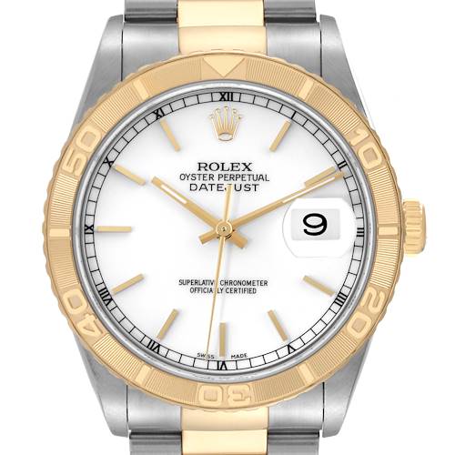 This image shows a front view of the Rolex Turn-o-Graph watch highlighting its dial, bezel, hands, and bracelet.