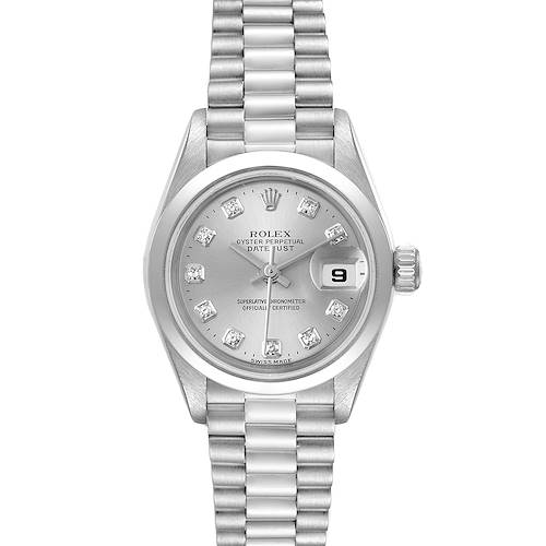 The image shows a front view of the Rolex President model watch, displaying the face, bracelet, and date window.
