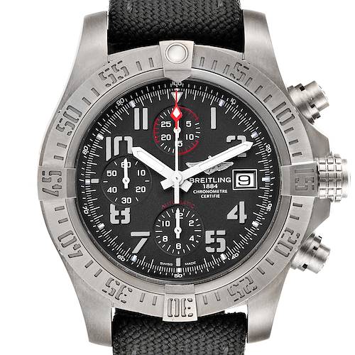 The image shows a Breitling Avenger watch from a front angle, highlighting its dial, bezel, chronograph sub-dials, crown, and strap.