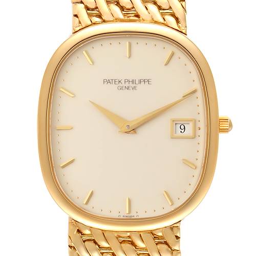 This image shows a close-up of the dial and band of a Patek Philippe Golden Ellipse watch.