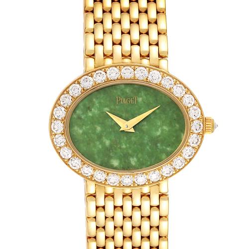 The image shows a front view of the Piaget 18k Yellow Gold Jadeite Dial Diamond Ladies Watch model P10242.
