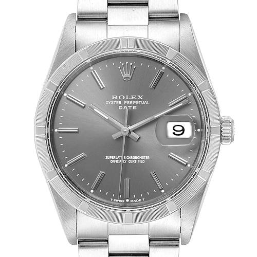 The image shows a front view of a Rolex Oyster Perpetual Date watch, displaying the watch face, bezel, and part of the bracelet.