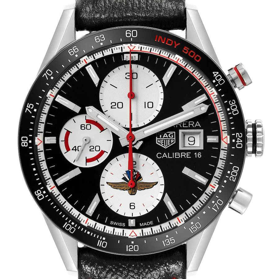 The image shows a frontal view of the Tag Heuer Carrera Calibre 16 Indy 500 Limited Edition watch, highlighting the face and bezel.